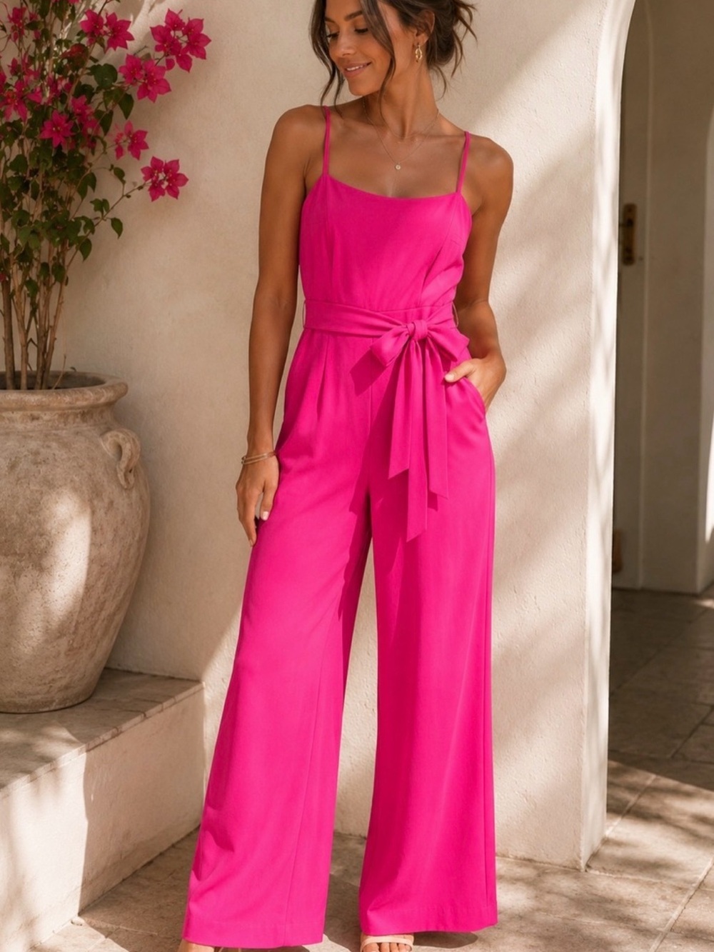 Nine West Hot Pink Wide-Leg Jumpsuit with Tie Waist